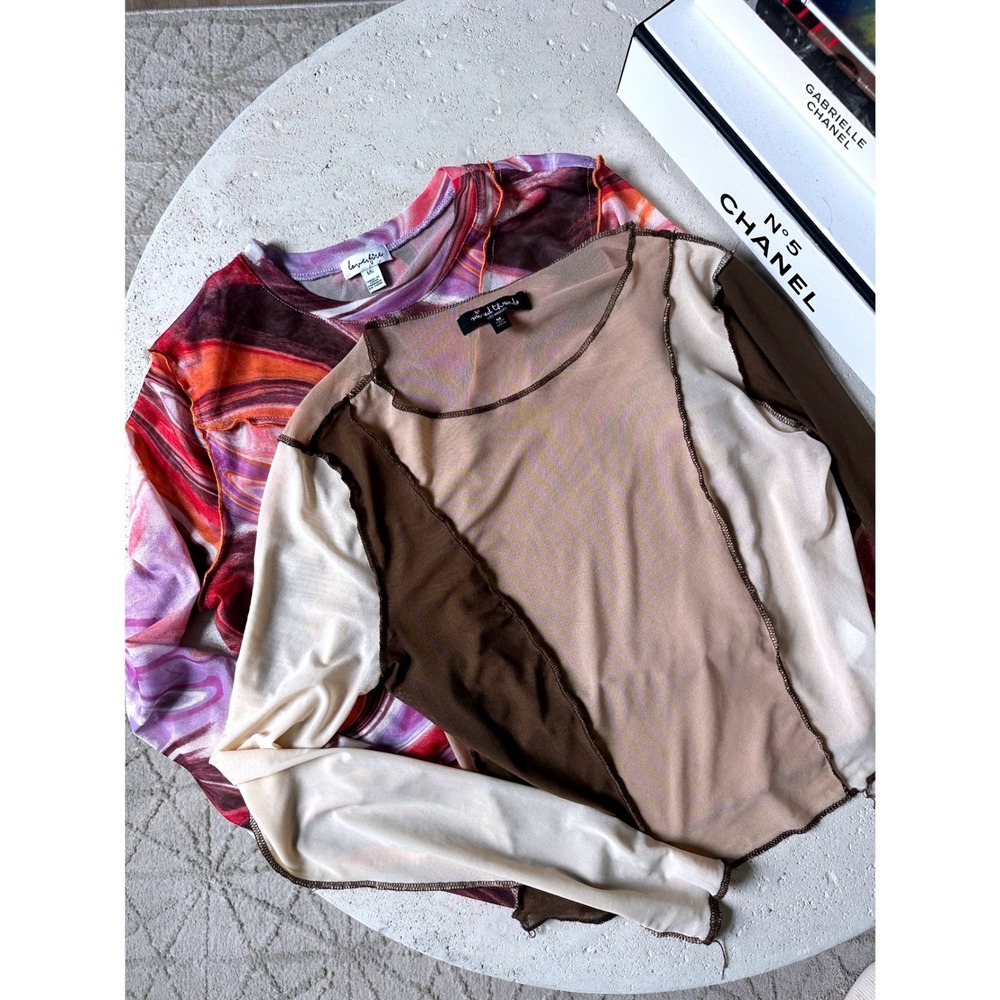 Lot of 2 Y2K Sheer Mesh Cropped Top Mixed Threads Brown Patchwork & Pink Marble